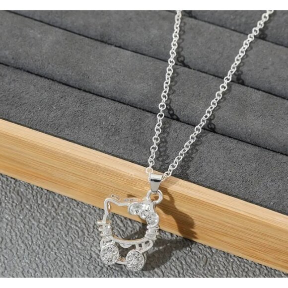 Hello Kitty Necklace Clear Crystal Pendant Silver Cat Jewelry Gift for Women - Picture 1 of 4